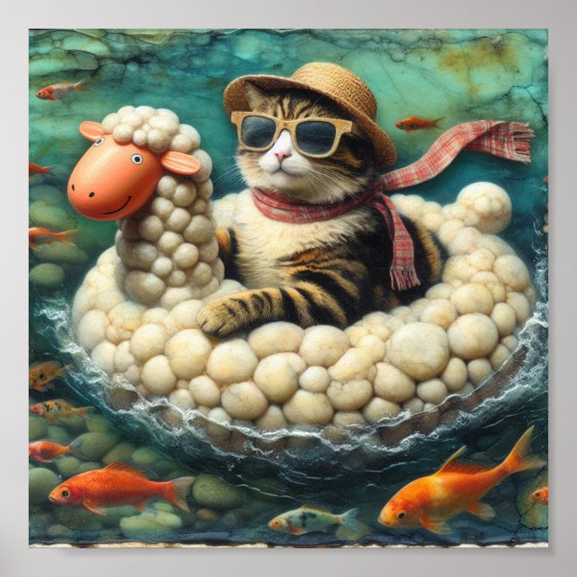 Adorable Katze mit auf Schafsfloatie Poster (Vorne)