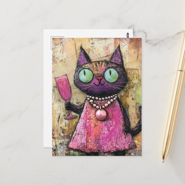 Adorable Katze mit Getränk in der Hand Postkarte (Vorderseite/Rückseite Beispiel)