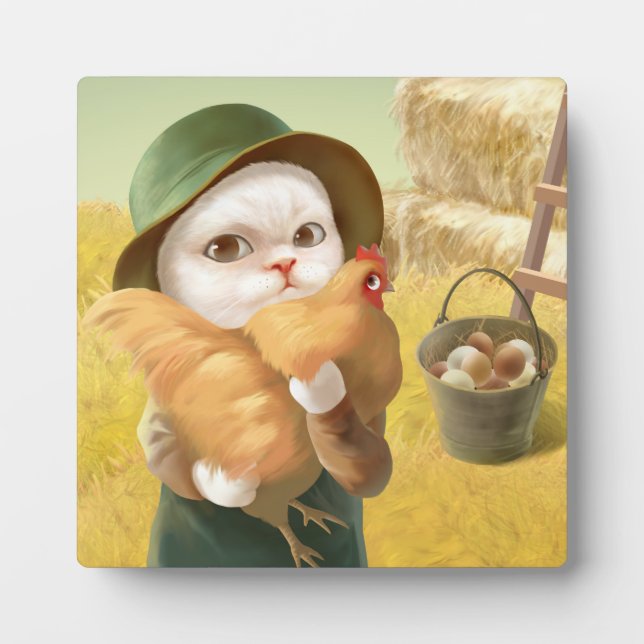 Adorable Katze mit Hen auf dem Bauernhof Fotoplatte (Vorderseite)