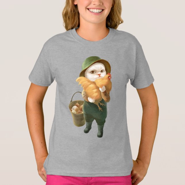 Adorable Katze mit Hen auf dem Bauernhof T-Shirt (Vorderseite)