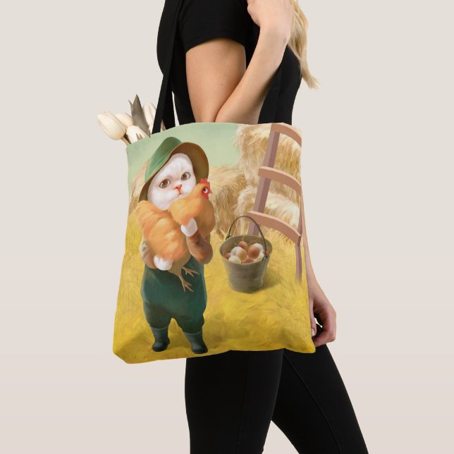 Adorable Katze mit Hen auf dem Bauernhof Tasche (Von Nahem)