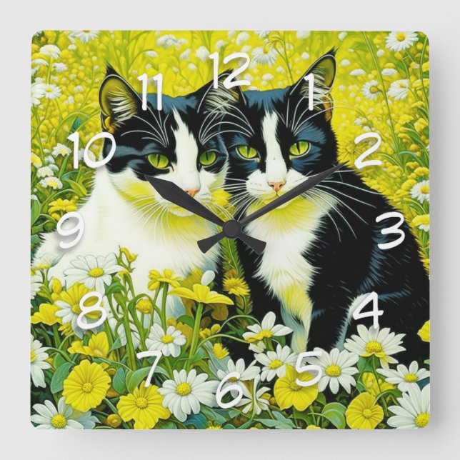 Adorable Katzen, die auf einem Feld von Milchprodu Quadratische Wanduhr (Vorderseite)