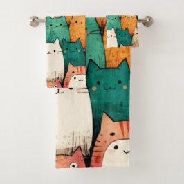 Adorable Katzen | Farbiges Cartoon-Design Badhandtuch Set