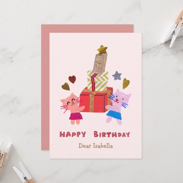 Adorable Katzen halten Geschenke Pink Happy Geburt Karte (Vorderseite/Rückseite Beispiel)