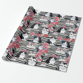Adorable Katzen Rosen und schwarze Streifen Geschenkpapier