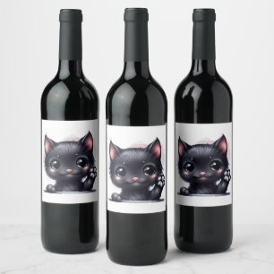 Adorable Kawaii Black Cat Weinetikett