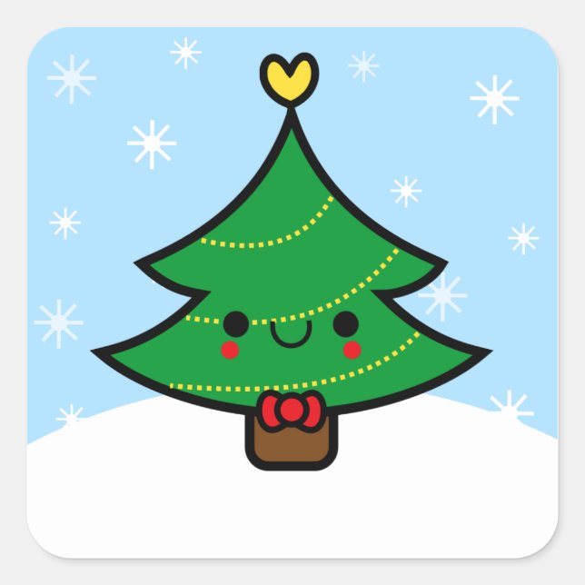 Adorable Kawaii Cartoon Weihnachtsbaumsticker Quadratischer Aufkleber (Vorderseite)