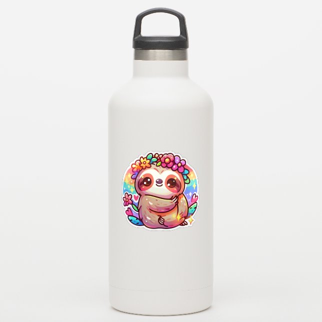 Adorable Kawaii Sloth mit Blume Crown Aufkleber (Wassserflasche)