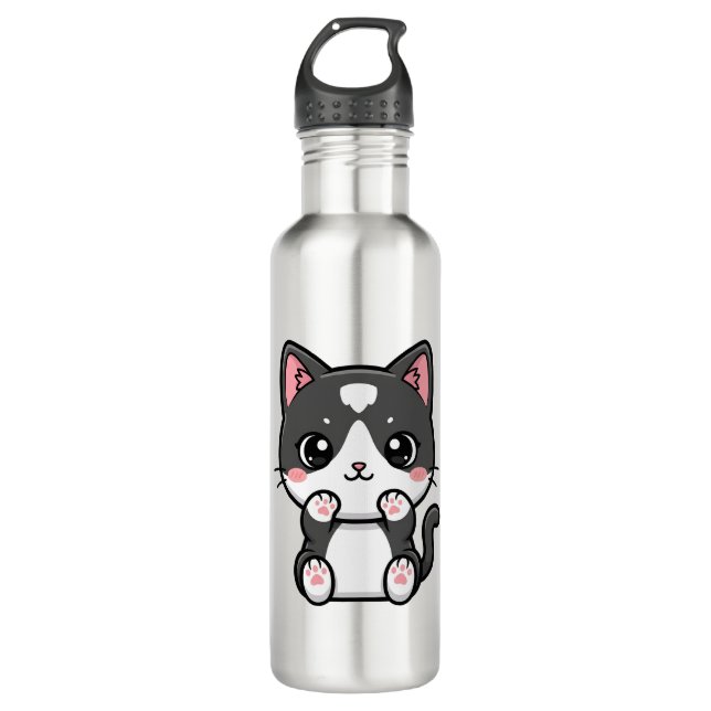 Adorable Kawaii Tabby Kitten Illustration Edelstahlflasche (Vorderseite)