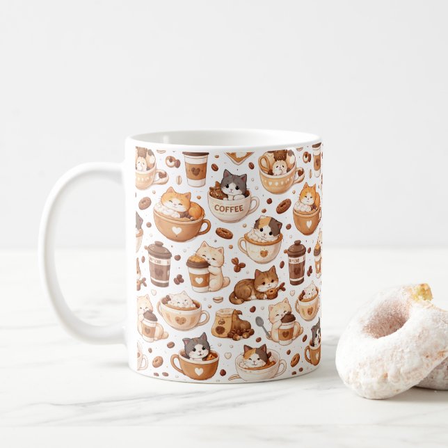 Adorable Kitten & Coffee Pattern Mug  (Avec donut)