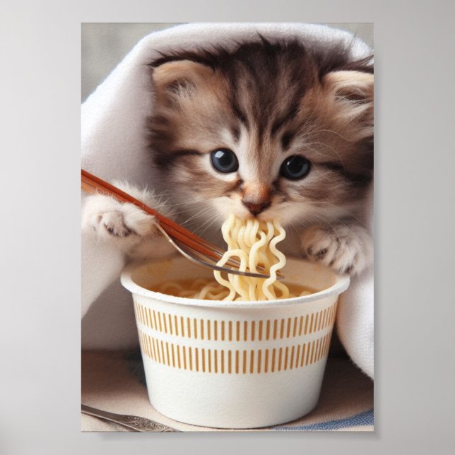 Adorable Kitten Eating Ramen Noodles Poster (Vorne)