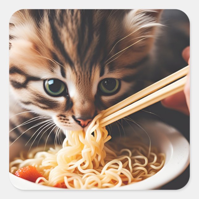 Adorable Kitten Eating Ramen Noodles Quadratischer Aufkleber (Vorderseite)