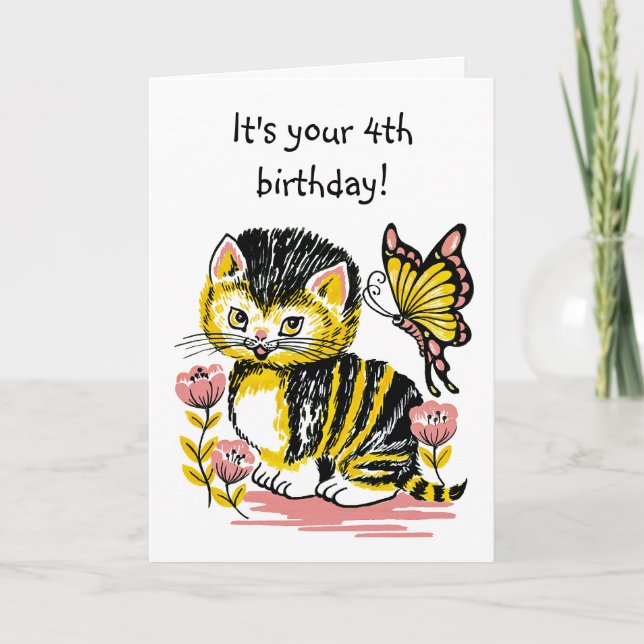 Adorable Kitten et Papillon Quatrième carte d'anni (Devant)