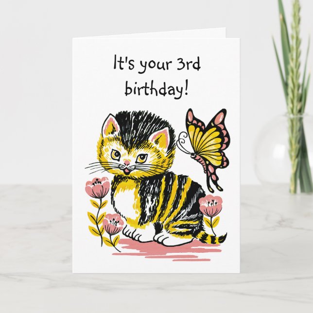 Adorable Kitten et Papillon troisième carte d'anni (Devant)