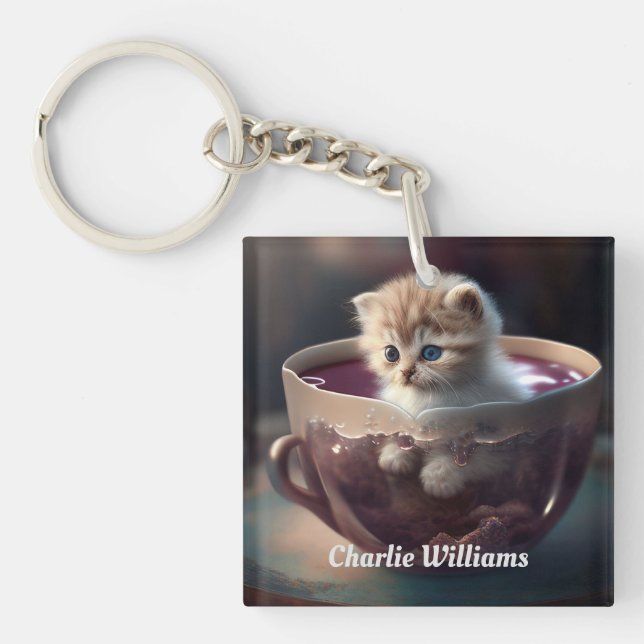 Adorable Kitten in einem Teacup Personalisiert Schlüsselanhänger (Vorderseite)