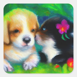 Adorable Kitten Küssen Welpe Impressionist Art Quadratischer Aufkleber