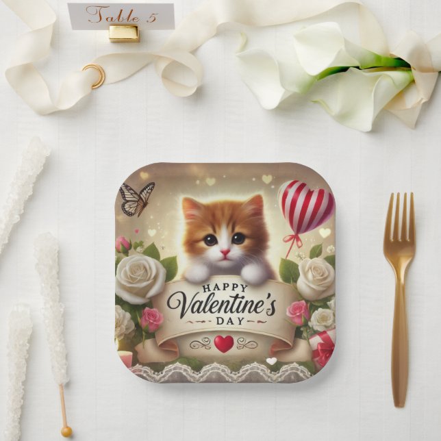 Adorable Kitten mit Rose, Kerzen und Herz Pappteller (Hochzeit)
