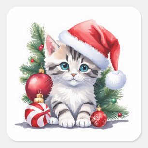 🎄 Adorable Kitten unter Weihnachtsbaum mit Ballen Quadratischer Aufkleber