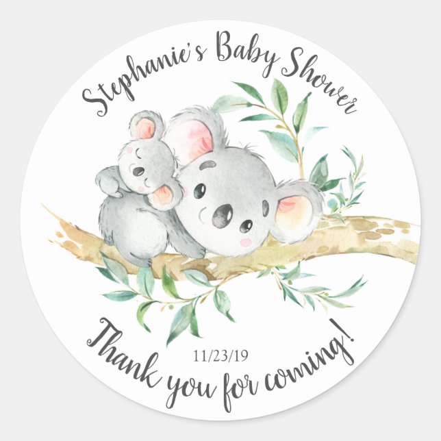 Adorable Koala Bear Baby Dusche Gefallen Runder Aufkleber (Vorderseite)