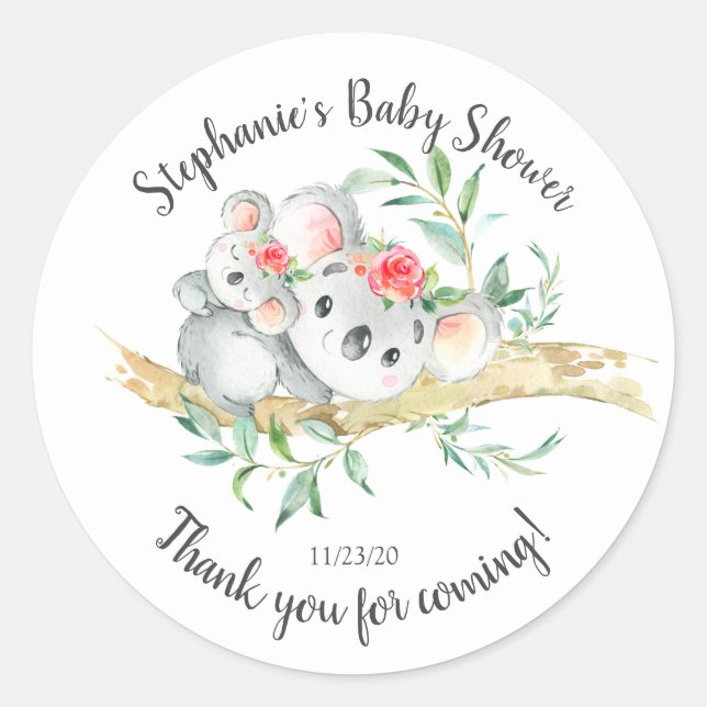 Adorable Koala Bear Girls Baby Dusche Gefallen Runder Aufkleber (Vorderseite)