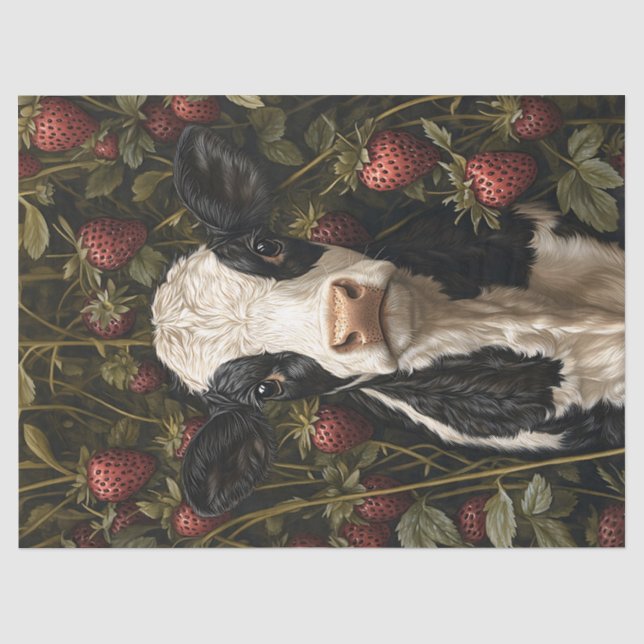 Adorable Kuh Calf Erdbeere Hintergrund Decoupage Seidenpapier (Vorderseite)