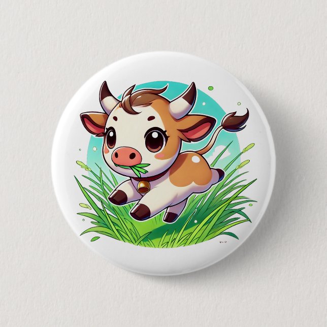 Adorable Kuh, die durch ein Feld läuft Button (Vorderseite)