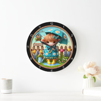 Adorable Kuh im Regen-Kinderuhr Große Wanduhr