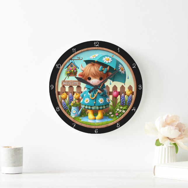 Adorable Kuh im Regen-Kinderuhr Große Wanduhr (Zuhause)