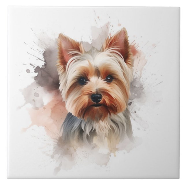 Adorable Kurz-haarige Yorkshire Terrier Watercolor Fliese (Vorderseite)