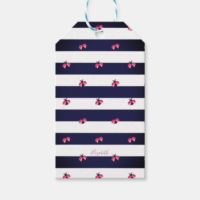 Adorable Ladybird Navy Blue Stripes Geschenkanhänger (Vorderseite)