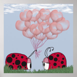 Adorable Ladybug mit Hübschem rosa Ballon Bouquet Poster