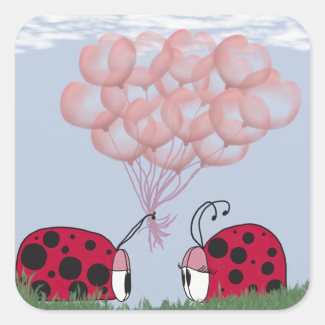 Adorable Ladybug mit Hübschem rosa Ballon Bouquet Quadratischer Aufkleber (Vorderseite)