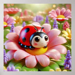 Adorable Ladybug sitzt auf rosa Blume Poster