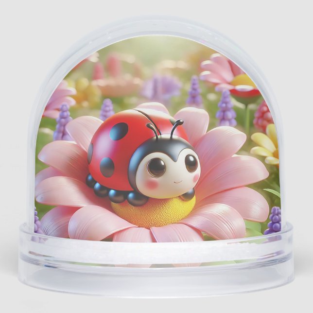 Adorable Ladybug sitzt auf rosa Blume Schneekugeln (Vorderseite)