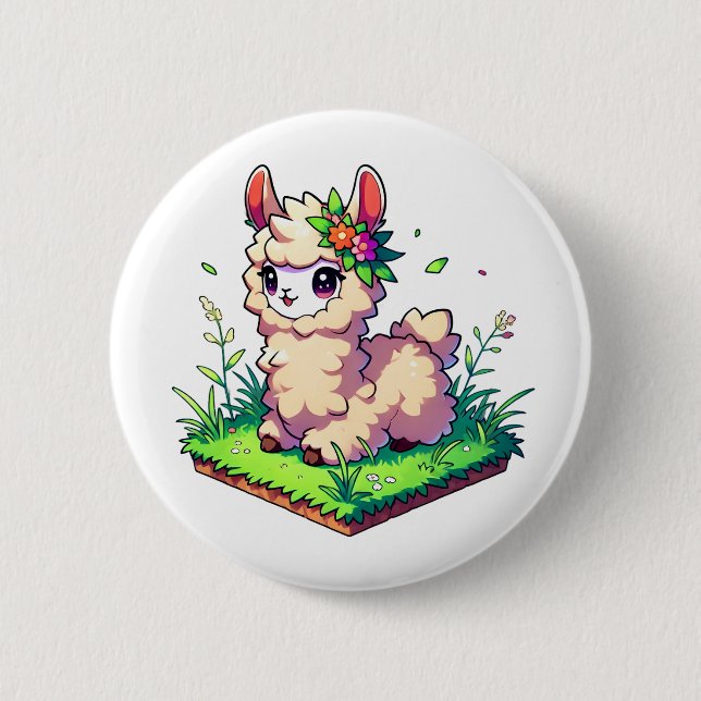 Adorable Lama sitzend auf einem Grasflächen Button (Vorderseite)