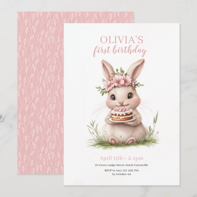 Adorable Lapin Premier Anniversaire Invitation 🎀  (Devant / Derrière)