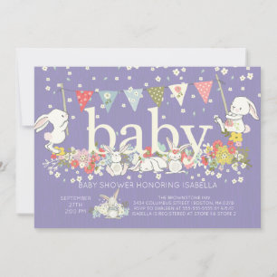 Adorable Lila Bunny Girls Baby Dusche Einladung