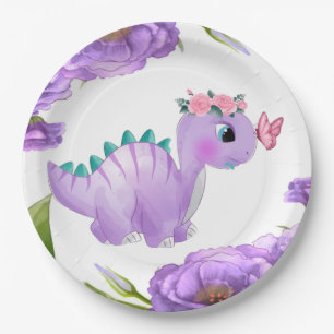 Adorable Lila Dinosaurier Blumenspülung Pappteller