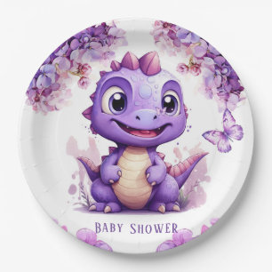 Adorable Lila Dinosaurier Floral Girl Babydusche Pappteller