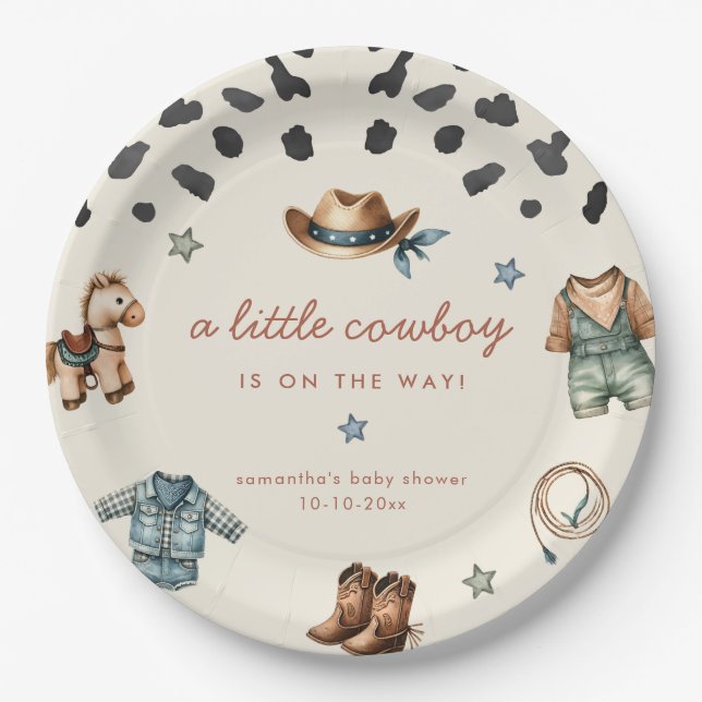 Adorable Little Cowboy ist unterwegs Baby Dusche Pappteller (Vorderseite)