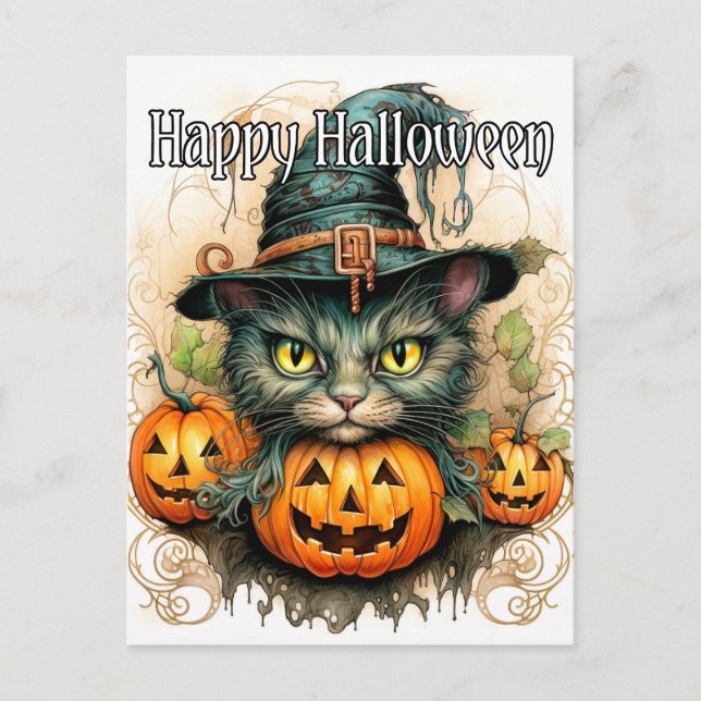 Adorable Little Kitty Cat Witch Happy Halloween Postkarte (Vorderseite)