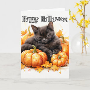 Adorable Little Napping Black Cat   Halloween Karte