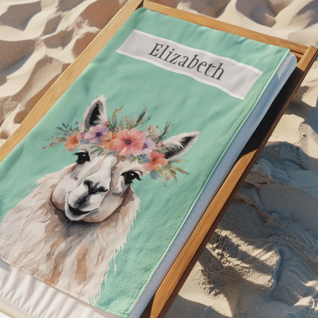Adorable Llama Wildblume Aquamariner Name Tier Tie Strandtuch (Llama Wildflower Vacation Custom Beach Towel)