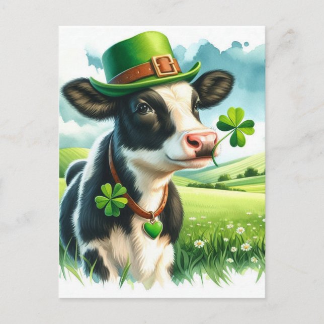 Adorable Lucky St. Patrick's Day Wasserfarben Kuh Postkarte (Vorderseite)