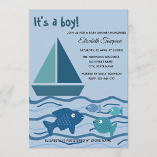 Adorable lustige Schiff und Fische Junge Dusche Ba Einladung