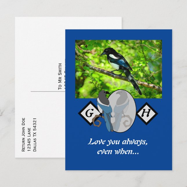 Adorable Magpie Looking Glass Monogram w Foto Einladungspostkarte (Vorne/Hinten)