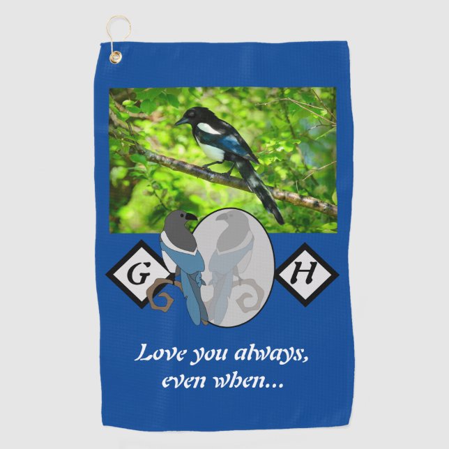 Adorable Magpie Looking Glass Monogram w Foto Golfhandtuch (Vorderseite)