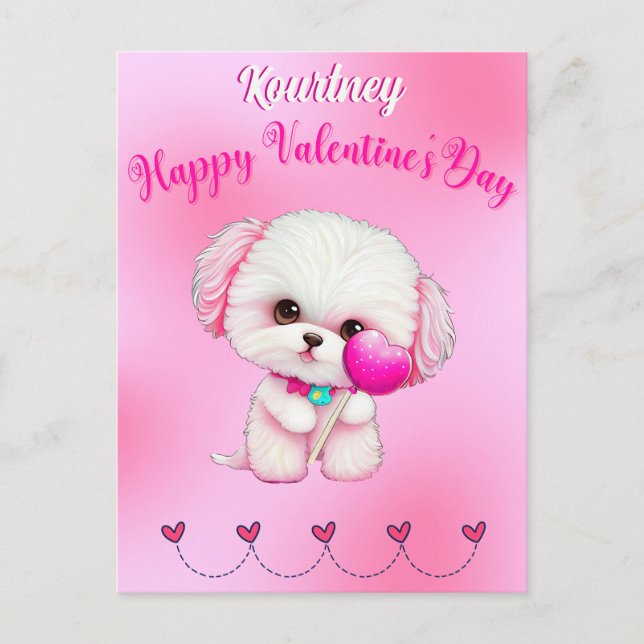 Adorable Maltese Welpe Happy Valentine's Day Postkarte (Vorderseite)