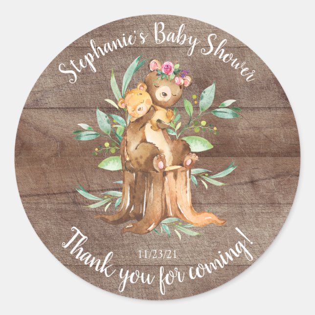 Adorable Mama & Baby Bear Baby Dusche Gefallen Runder Aufkleber (Vorderseite)