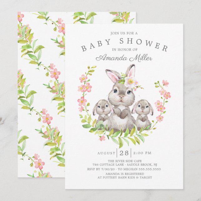 Adorable Mama & Baby Bunnies Twins Babydusche Einladung (Vorne/Hinten)